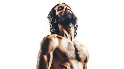 Jesus Christ crucified, body with stigmata, open arms, without cross, isolated on transparent background.