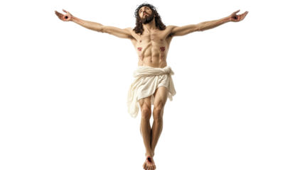 Jesus Christ crucified, body with stigmata, open arms, without cross, isolated on transparent background.