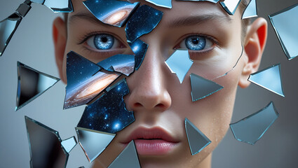  A human face composed of broken mirror shards, each reflecting a different emotion or scene. Pieces are missing, and through the gaps, a serene galaxy or void is visible, representing self-discovery.