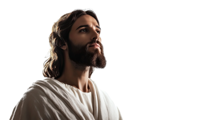 Jesus Christ walking forward with open arms, looking up towards heaven, isolated on a transparent background.