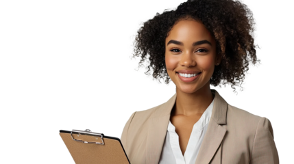Smiling businesswoman holding clipboard in studio portrait