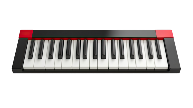 Digital synthesizer keyboard isolated on transparent background, featuring black and white keys and various control knobs