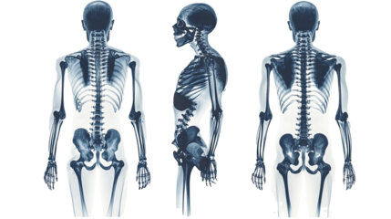 X-ray view of human skeleton revealing bones of skull, rib cage, spine, and arms, isolated on transparent background.