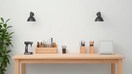 clean and organized workstation featuring tools, plants, and laptop. wooden desk is well arranged with neatly placed items, creating productive atmosphere. businesswoman digital lifestyle