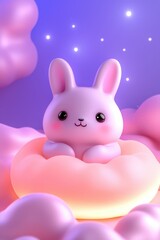 A cute pink bunny sitting on a fluffy cloud in a whimsical pastel environment.