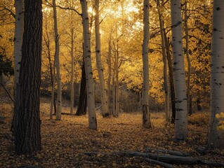 Obraz premium A tranquil autumn forest scene with Mocha Mousse-colored tree trunks, golden foliage, and a soft carpet of leaves