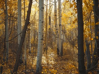 Fototapeta premium A tranquil autumn forest scene with Mocha Mousse-colored tree trunks, golden foliage, and a soft carpet of leaves