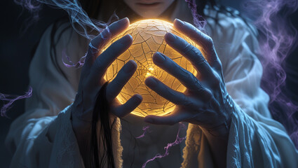 A pair of hands tightly gripping a glowing ball of light, with cracks appearing on the hands, symbolizing inner pressure. Tendrils of shadowy smoke rise from the light, encircling the figure.
