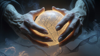 A pair of hands tightly gripping a glowing ball of light, with cracks appearing on the hands, symbolizing inner pressure. Tendrils of shadowy smoke rise from the light, encircling the figure.
