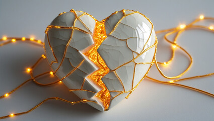 A cracked ceramic heart being pieced back together with golden threads (kintsugi-inspired). Each thread glows softly, radiating warmth, symbolizing the beauty of healing.

