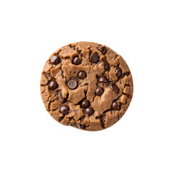 Delectable Delight: A close-up, top-down shot of a single, perfect chocolate chip cookie, inviting indulgence.