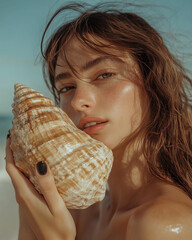 Beauty Mode, Closeup Portrait of a Woman Holding a Conch Shell in Natural Light