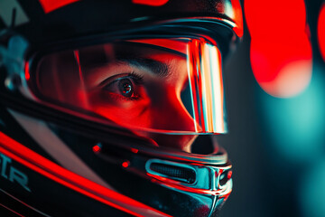 Fototapeta premium Intense portrait of a focused car racer in a helmet showcasing determination and speed, generative AI