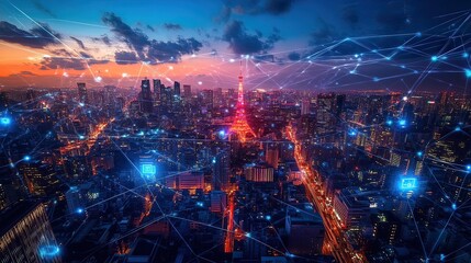 Obraz premium Tokyo cityscape sunset network connection digital future
