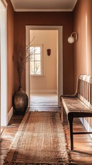 Obraz premium A warm, inviting hallway with Mocha Mousse color painted walls, a vintage wooden bench, and a woven rug in earthy tones