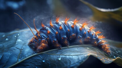 Luminous Blue Caterpillar On A Leaf At Night