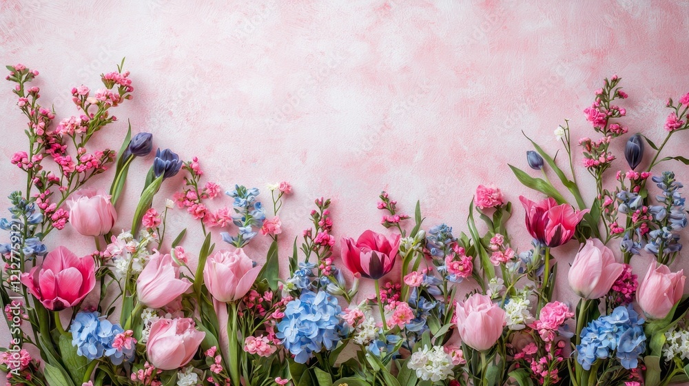 Poster a vibrant array of colorful flowers gracefully adorns a light pink background, setting a cheerful an
