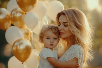 Obraz premium A mother gently holds her child close, surrounded by golden and white balloons in a soft, warm light