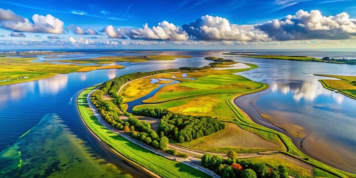 Aerial Nature Reserve Markermeer Holland, Drone Shot, Scenic Landscape