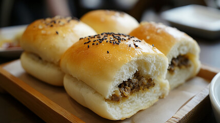 Golden Curry Bun: A Savory, Spicy Delight! Upscaled High-Resolution Image of a Delicious, Aromatic Curry-Filled Bun, Perfect for Food Blogs, Restaurants, and Culinary Websites. Showcase Your Asian    