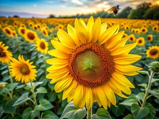 Fototapeta premium Aerial Sunflower & Bee Drawing Sketch Outline AI Photo