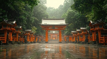 Obraz premium Cinematic Japanese Shrine Path with Red Torii Gate, Magical Sunlight, and Floating Light Particles