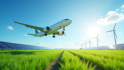Airplane flying over a field of solar panels and wind turbines. Sustainable travel and renewable energy concept.