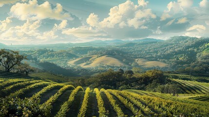 Fototapeta premium A panoramic view of expansive plantation fields stretching across rolling hills. 