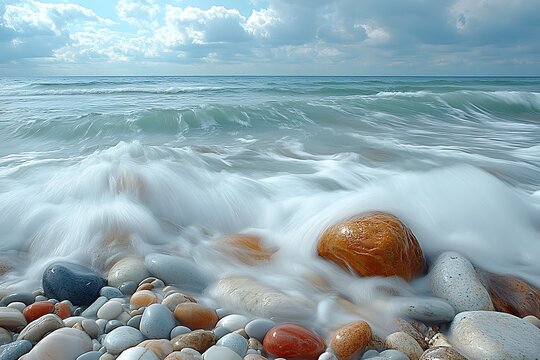 Smooth ocean waves wash over colorful beach stones