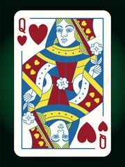 Queen character, Hearts suit playing Poker card, colorful design, isolated on green, editable stroke line, vintage classic design, vector illustration.	
