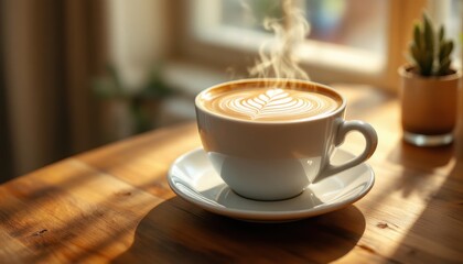 Fototapeta premium Steaming cappuccino with latte art in sunlit café setting