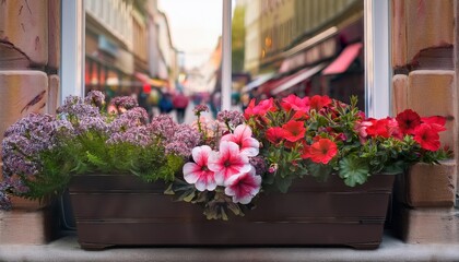 Fototapeta premium Colorful blossoms spill over a window box, welcoming warmth and joy in the spring season.