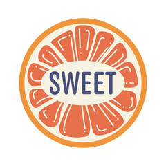Sweet citrus fruit sticker in flat design. Product badge in orange cut shape. Vector illustration isolated.