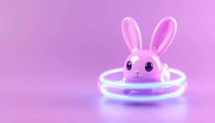 Fototapeta premium Cute pink bunny toy surrounded by colorful glowing rings on a pastel background.