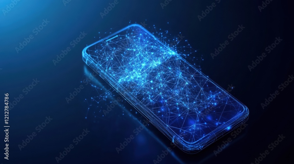 Poster smartphone displaying a network connection on the screen with various data visualizations and icons