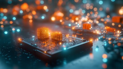 Computer processor reflecting city skyline, a fusion of technology and urban development