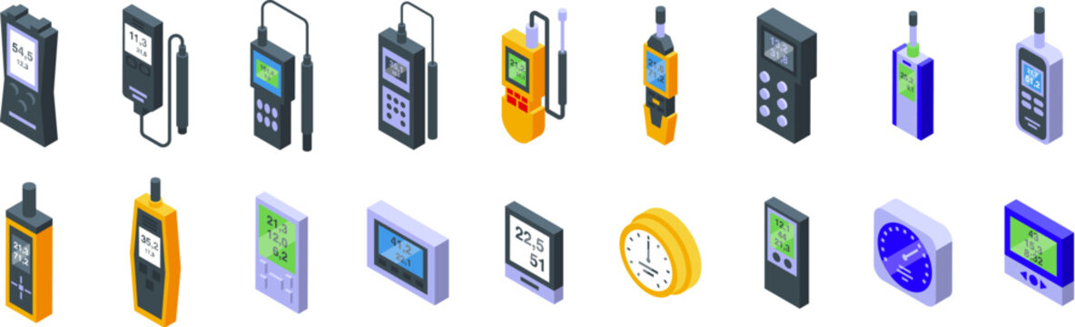 Thermohygrometer icons set. Set of isometric icons representing digital hygrometers measuring humidity and temperature levels in various environments