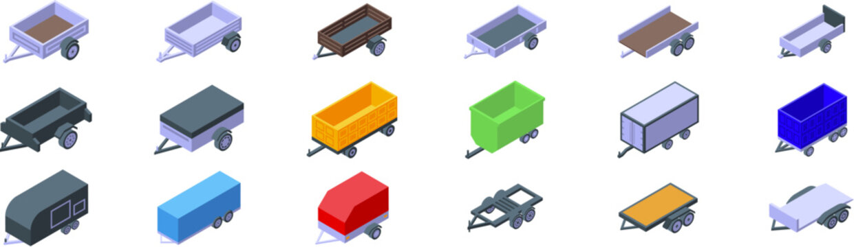 Car trailer open icons set. Set of trailer icons showing different types and colors of trailers for cars, including covered trailers, open trailers, and various sizes