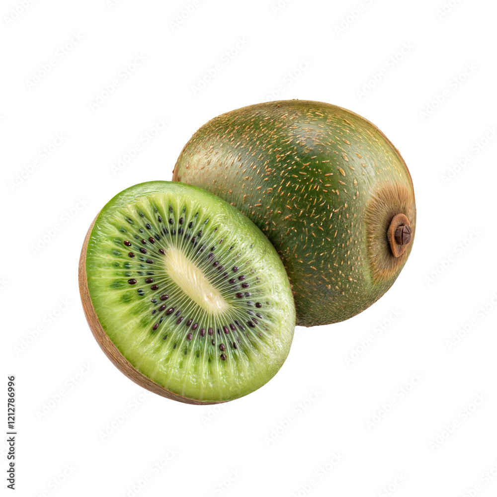 Wall mural Kiwi Fruit Freshness: A close-up studio shot presents a whole kiwi fruit alongside a cross-section, showcasing the vibrant green flesh and edible seeds.