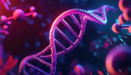 A glowing double helix DNA strand surrounded by molecular models, vibrant lighting and deep colors evoking a futuristic medical theme