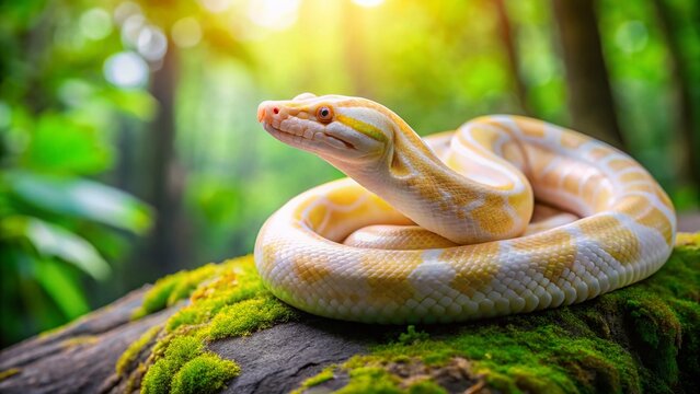 Albino Ball Python, Serene Rest, Rocky Landscape, High DOF