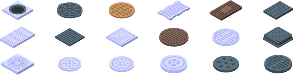 Drain manhole icons set. Set of isometric manhole covers including round, square, and rectangular shapes, showcasing diverse materials and designs for urban infrastructure