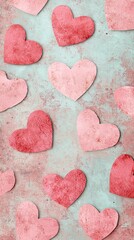 Obraz premium A whimsical pattern of pink and red hearts on a textured, mint green background, ideal for romantic themes.