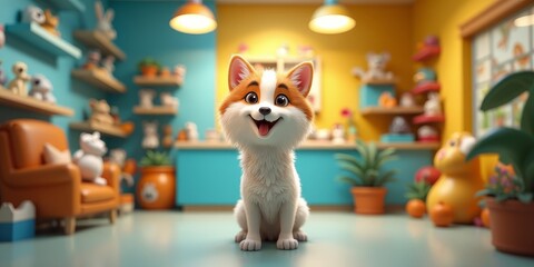 A happy dog in a colorful room