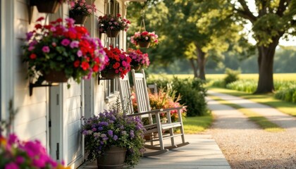 Charming country porch with colorful flowers and rocking chairs on a sunny day