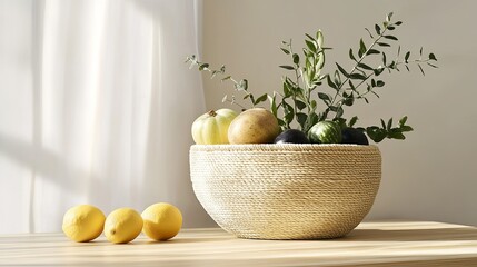 A single handmade basket styled with fresh produce on a light wooden table. picture