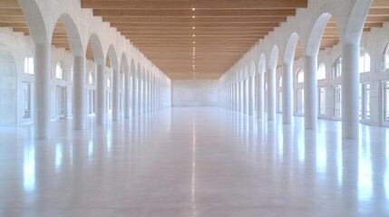 Modern arched hall interior, bright sunlight, spacious, empty