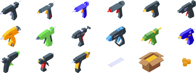 Hot melt glue icons set. Set of colorful glue gun icons in isometric projection, showcasing various designs of hot melt tools for crafting and diy projects