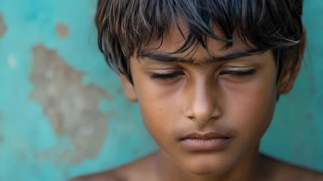 Intense stare of young boy against turquoise wall
