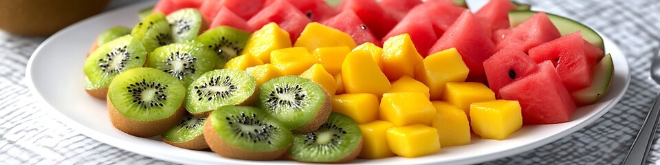 Delicious fruit salad served on a white plate with watermelon kiwi and mango cubes